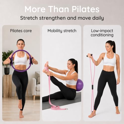 Pilates Ring and Ball Set with Video Tutorials, 10-in-1 Home Pilates Kit | Complete beginner-friendly workout kit for women to tone, strengthen and improve flexibility, balance and core at home - color: Sunset Purple