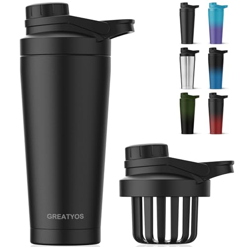 Greatyos Stainless Steel Shaker Bottle with Noise-Free Design - Patented 24 oz Insulated Metal Shakers Bottles Cup for Protein Mixes and Pre Workout 100% Leak Proof (Black) - color: Black