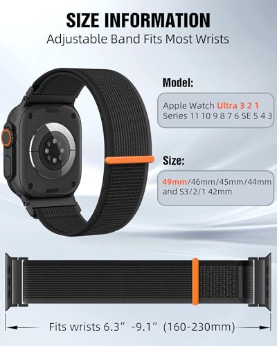 Trail Loop Nylon Sport Band Compatible with Apple Watch Ultra 3 2 Band for Men 49mm 46mm 45mm 44mm 42mm, Rugged Breathable Sport Adjustable Strap for iwatch bands Series 11/10/9/8/7/6/5/4, SE 3 2 1 - color: Black+Gray(Black)