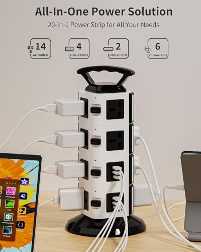 Power Strip Tower with 14 Outlets, 4 USB-A & 2 USB-C Ports, 1875W/15A Heavy Duty Charging Station for Multiple Devices, Plug Tower with 6ft Extension Cord, for Home, Office, Dorm - size: 4-Tier