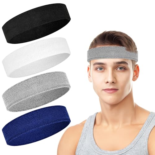 4 Pack Cotton Terry Sweat Headbands for Men Women Running Gym | 4 pack soft cotton terry headbands, Stretch 7 to 15 inches, Sweat-wicking, stays put for running, tennis, basketball & yoga - color: Black/White/Gray/Blue