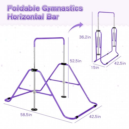 Expandable Gymnastics Bars with Ring, Adjustable Height Gymnastic Horizontal Bars, Gym Junior Training Bar Children Folding Training Monkey Bars for Kids - color: Purple