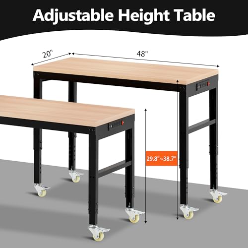 Antifir 48” Adjustable Workbench，Heavy Duty Wood Work Bench 2000 Lbs Load Capacity,Work Table with Power Outlet and Wheels for Garage, Workshop, Office, Home - size: 48x20" With Wheel