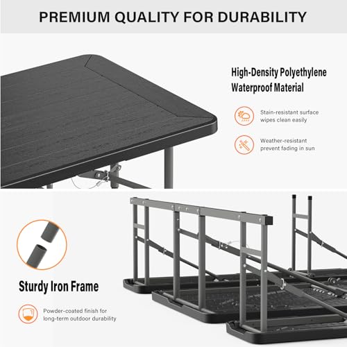 VINGLI Folding Picnic Table and Bench Set, Portable Outdoor Dining Furniture for Camping, Patio, Backyard, Wood Grain Plastic Top with Metal Frame （Black） - color: Black, style: Standard