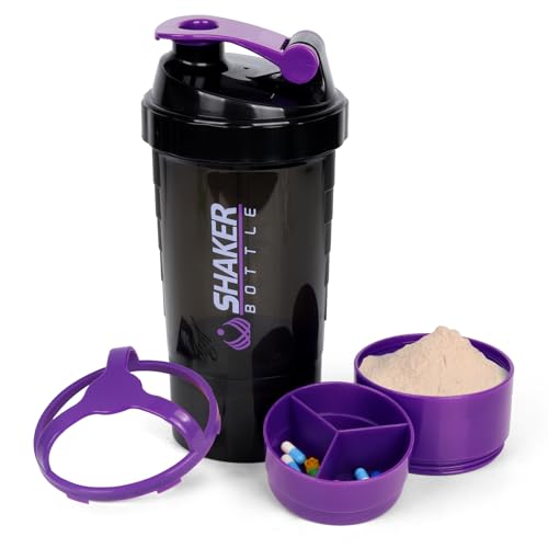 XTK Shaker Bottle Protein Shaker Bottles with Storage and Mix Ball, 16OZ Sports Water Bottle with Pill Organizer,Leak Proof Portable Shaker Bottles for Protein Mixes and Pre Work Out,BPA Free(purple) - color: PURPLE
