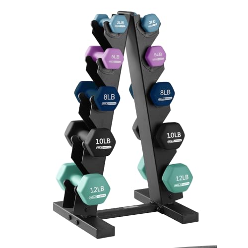 HolaHatha 1, 2 and 3 lb Neoprene Dumbbell Strength Training Weight Set with Rack - color: Blues, size: 76 LB