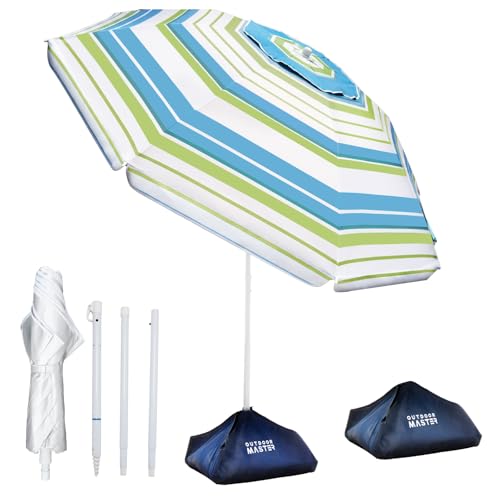 OutdoorMaster 7.2ft Beach Umbrellas for Sand with Sandbag & Anchor | 7.2ft Adjustable Umbrella for Beach, Wind Resistant, Portable UPF50+ Sunshade with Carry Bag for Patio - color: Blue Green Striped