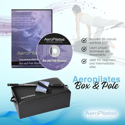 AeroPilates Reformer Box & Pole Set - Premium Pilates Sitting Box | Universal Pilates machine fit, solid wood padded box with handles, adjustable steel balance pole, foot strap, workout video