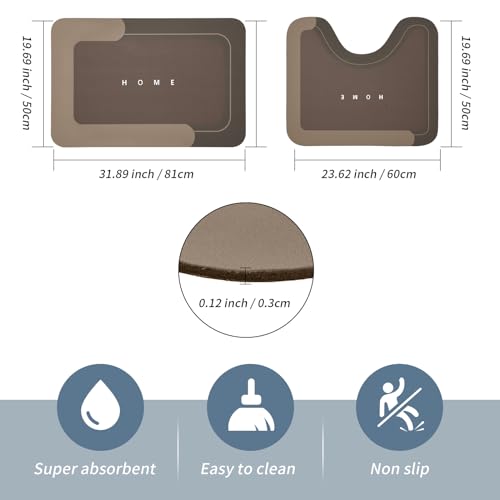 Housego Absorbent Bath Mat, Quick Dry Bath Rug, Non-Slip, 2PCS, Brown | 2PCS Absorbent Bath Mat Magic Rug Sets; Quick Drying Bath Mat Non-Slip Floor Rug Rubber Backed for Bathroom Kitchen Shower - color: Brown, size: 2 PCS (19.7" x 23.6", 19.7" x 31.9")