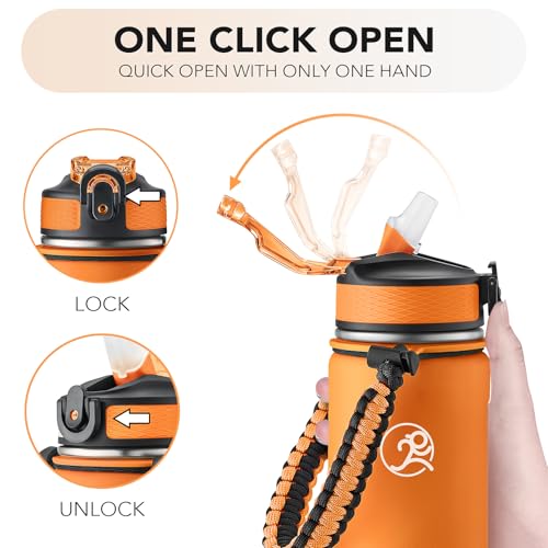 GOSWAG 24oz Insulated Stainless Steel Travel Water Bottle, 2 Lids | with straw and no straw, Paracord handle, Double-wall vacuum keeps drinks cold or hot, Leakproof tumbler - color: Matte Orange