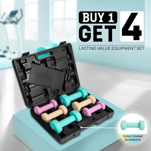 Yes4All Neoprene Coated Dumbbell Hand Weight Sets - Multiple Weight Options with Rack, Anti-roll, Anti-Slip, Hexagon Shape - style: E. SET WITH CASE 2-3-5lb pair