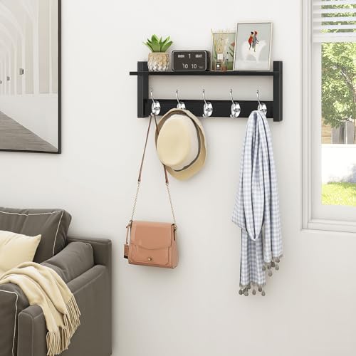Homode Wall Coat Rack With Shelf, Wood Entryway Hanger With Hooks, Small Floating Pegs for Hanging Coats, Hats, Purses, Backpacks, Black - color: Black, size: 17.1 Inch Long