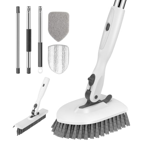 SetSail 4-in-1 Tile Tub Floor Scrubber with 52-inch Long Adjustable Handle Shower Cleaner Brush with V-Shaped Grout Brush and 3 Replacement Brush Heads for Bathroom Kitchen Walls Tub Tile, White Grey - color: White Grey, size: 2 Pads + V-Shaped Brush