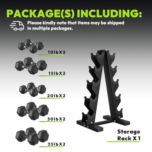 HANDBODE Hex Dumbbell Set with Vertical Storage Rack, 100–550 lb | Non-Slip Handle Design for Secure Grip, Rubber Encased Dumbbells, Hand Weights for Strength Training and Home Gym - style: 220 lb (10, 15, 20, 30, 35 lb) X 2 & Rack