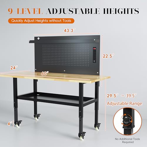 60" Heavy Duty Adjustable Workbench with Large Pegboard& Partition, Adjustable Work Table with Power Outlets & Lockable Wheels, Rubber Wood Workstation for Garage, Workshop, Office, Home, Commercial - size: Large Pegboard /Power Outlets / Partition / 60"x
