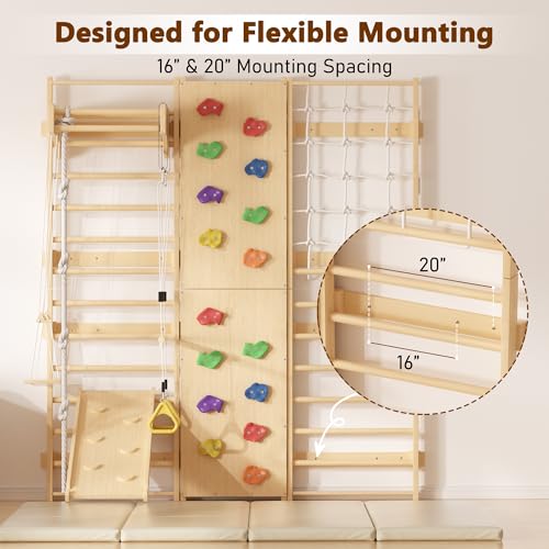 Cofiyard 9-in-1 Swedish Ladder Wall Gym & Climber, 94.5'' Wooden Wall-Mounted Climbing Set with Double-Sided Slide, Swing, Rope, Rings, Monkey Bars, Kids Indoor Playset, Wooden Climbing Jungle Gym