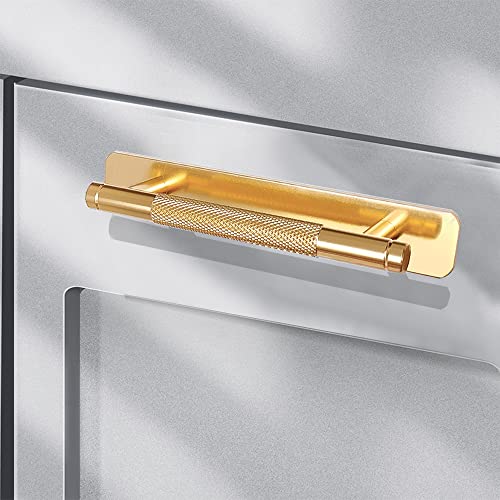 12 Pack 5 Inch 128 mm Self-adhesive Gold Barrel Knurled Cabinet Handles with Base Plate Aluminum Cabinet Pulls for Drawer Sliding Door Charcuterie Board Gold Drawer Handles Drill&Punch Free - color: BarrelGold 3M, size: 5 Inch