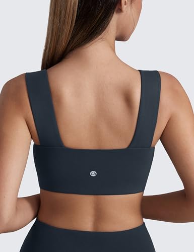 CRZ YOGA Butterluxe Wide Strap Sports Bras | Light Support, Removable Pads, Yoga, Extremely Soft, Square Neck, Front Split Line, for Women - color: True Navy, size: XX-Small