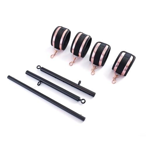 3 in 1 Heavy Duty Stainless Steel Expandable Spreader Bar with 4pcs PU Blue Adjustable Straps,Workout Bar for Home Gym Training Bar,Portable Detachable Pilates Kit - style: Black+PU Rose Gold Kit