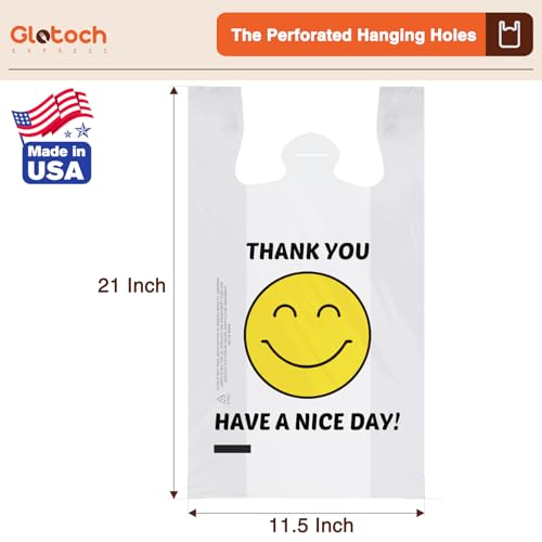 Glotoch 1000 Count Plastic Thank You T-shirt Bags Smile Face, 11.5 x 6.5x 21" HAVE A NICE DAY Grocery Shopping Gift Bag with Handle for Restaurant, Retail, Takeout, Convenience Store, in Bulk Business - color: White Smile, size: 1000 Count