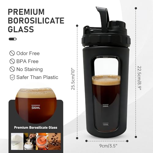 26oz Glass Protein Shaker Bottle, Stainless Steel Mixing Ball & Silicone Sleeve, Odorless, Leak-Proof, BPA-Free, Ideal for Smoothies & Workout Drinks (Graphite Black) - color: Graphite Black