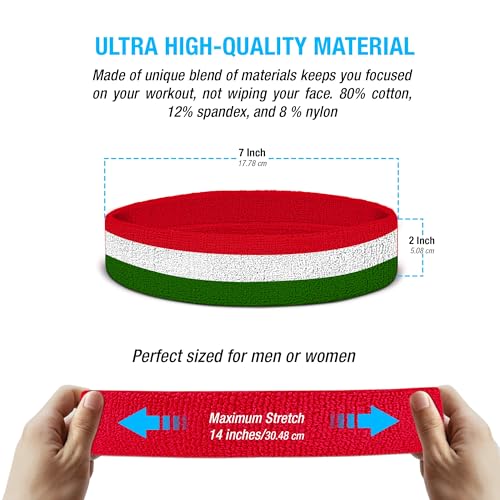 Suddora Striped Sweatband Set, Moisture Wicking 2 Wristbands and 1 Headband, Breathable Athletic Sweat Bands for Sports, Costumes & Cosplay, Matching Bands to Wear with Jersey - color: Red White Green