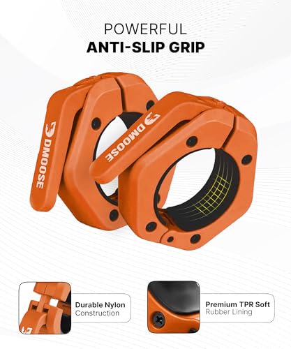 DMoose Fitness Barbell Clips 2 Inch (Pair) - Quick Release Olympic Barbell Clamps & Collars with Anti Slip TPR Grip for Secure Weightlifting and Powerlifting - Weight Clips for Bars at Home or Gym - color: Orange, style: Non Magnetic
