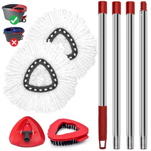 Spin Mop Handle Mop Heads Mop Base Mop Scruby Brush Replacement Sets Combo Compatible with Ocedar EasyWring 1 Tank Spin Mop System (1 Sets Stainless Steel Mop Handle +2 White Heads +1 Base +1 Brush) - color: 1 Sets Stainless Steel Mop Handle + 2 White Hea