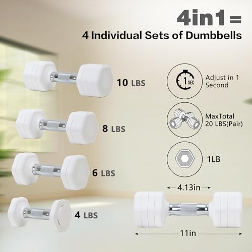 Adjustable Dumbbell Set of 2 Total 20 Lbs 4-in-1 Each 4lb 6lb 8lb 10lb 1s-Adjust Dual-Stable Free Weights for Women Men Home Gym Outdoor Workouts - color: White [20LBS Total]