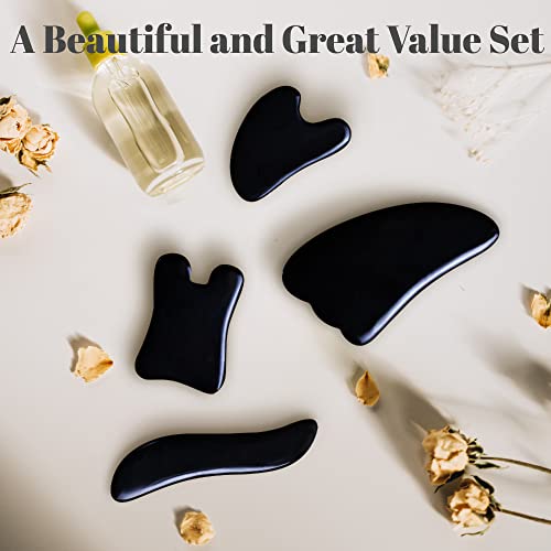 Rena Chris Guasha Massage Tool, 4 pcs Gua Sha Facial Tool, Guasha Board for SPA Acupuncture Therapy Trigger Point Treatment, Gua Sha Scraping Massage Tool (Black) - color: Black
