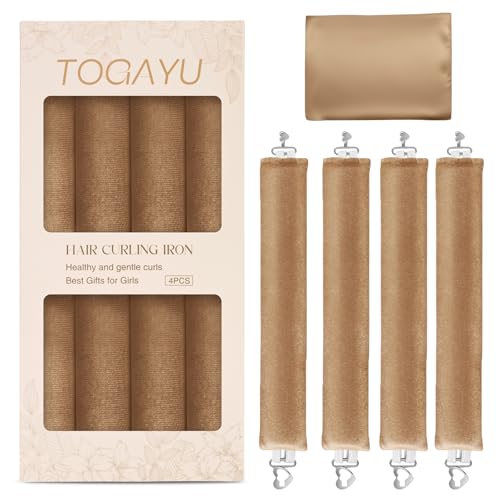 Heatless Curls Overnight Hair Care Set - Jumbo Velvet Hair Curlers | No Heat Hair Rollers for Women, Comfortable Sleep-In Hair Rollers with Satin Scarf, No Heat Damage Curling Rods for All Hair - color: Kahki-4PCS