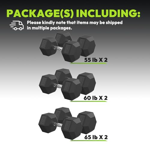Hex Dumbbell Sets, 90-640 lb Rubber Encased Exercise & Fitness Dumbbells Set, Hand Weight for Strength Training, Weight Dumbbells - size: 360 lb Set (Pair of 55, 60, 65 lb)