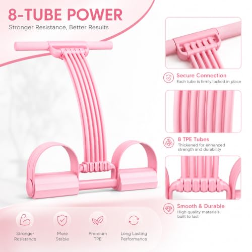 Pedal Resistance Band with Handle, Sit Up Exercise Equipment | Upgraded 8-tube multifunction pedal resistance band for home gym. Non-slip foam handles and foot pedals for full body workout - color: Pink