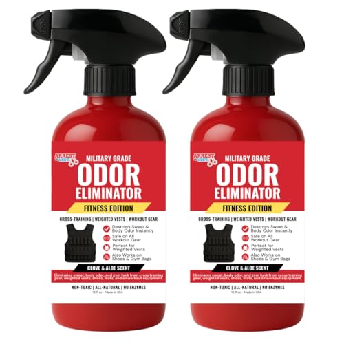 Arrest My Vest Fitness Edition Odor Eliminating Spray for Weighted Vests, Gym Bags & Workout Gear - All Natural Sports Gear Deodorizer - Clove & Aloe Fragrance 2 Pack (16 oz)