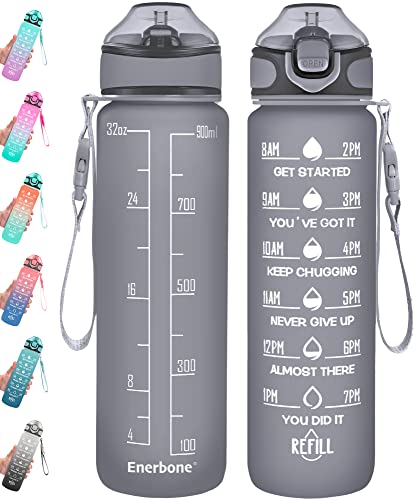 Enerbone 32 oz Drinking Water Bottle with Times to Drink and Straw, Motivational with Carrying Strap, Leakproof BPA & Toxic Free, Ensure You Drink Enough Water for Fitness Gym Outdoor - color: Black Cloud