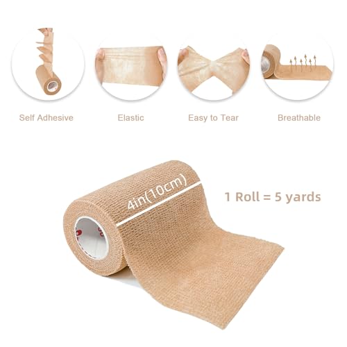[8 Pack 4" x 5 Yards] Beige-Self Adhesive Cohesive Bandage Wrap, Self Adherant Non-Woven Wrap Rolls, Atheletic Tape for Wrist, Ankle, Hand, Leg, Premium-Grade Medical Stretch Wrap - color: Beige, size: 8 Count (Pack of 1)