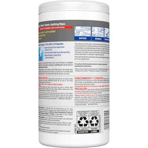 CloroxPro Clorox Screen+ Sanitizing Wipes, Disinfecting Wipes for Electronics, Gentle on Phones, Tablets, LCD Screens, Laptops and Sensitive Surfaces, Citrus Blend Scent, 1 Canister, 75 Wipes, 6 Pack - size: 75 Count (Pack of 6)