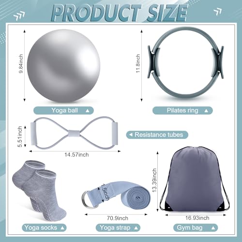 Poen 18 Pcs Home Pilates Ball and Ring Circle Set Yoga Fitness Essentials Kit with 5 Resistance Band Stretching Strap Non Slip Sock Ball Core Slider Wristband Headband Gym Bag for Women - color: Gray