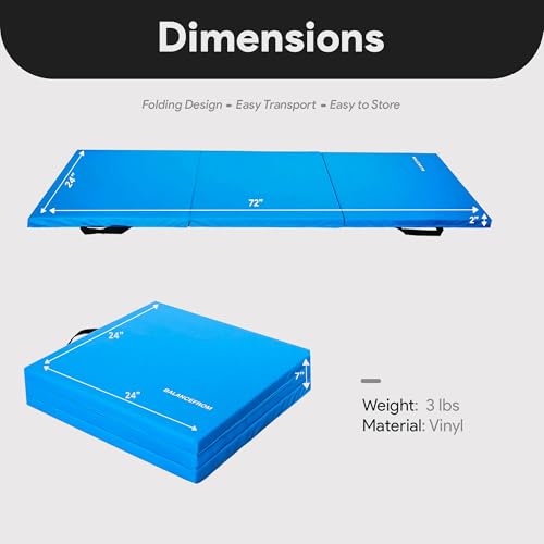 BalanceFrom 6x2 Feet 3-Panel Folding Gymnastics Mat – 2-Inch Thick Pad with Vinyl Surface and Carrying Handles for Tumbling, Yoga, Pilates, Home Workouts, and Martial Arts - color: Blue