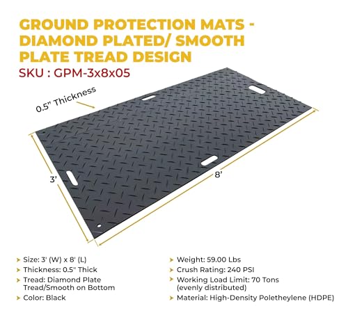 Mytee Products 3' x 8' Ground Protection Mats with Double Sided Diamond Plated Tread Design - High Density Polyethylene Mat, Easily Supports 90 Ton Loads on Lawns, Dirt, and Any Other Areas - color: Black, size: 1 - Pack