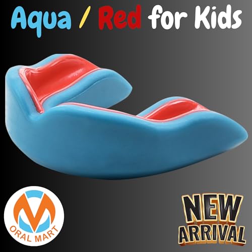 Oral Mart Youth Sports Mouth Guard for Kids (USA Flag, Fangs, 20+ Colors to Choose from) Mouthguard for Football, MMA, Karate, Boxing, Rugby, BJJ, Flag Football – /w Case (Youth, Strapless) - color: Aqua/Red