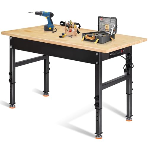 48" Adjustable Work Bench, Rubber Wood Top Workbench | Heavy-Duty Work Table with Power Outlet, 2000 LBS Load Capacity Hardwood Work Benches for garage, Workshop - size: with socket, 48