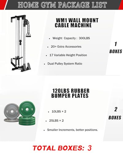Wall Mount Cable Station, WM1 Cable Crossover Machine with 17 Positions, High and Low Cable Crossover Machine with Removable Footplate for Garage Home Gym - style: 120LBS Colored Home Gym Package BK
