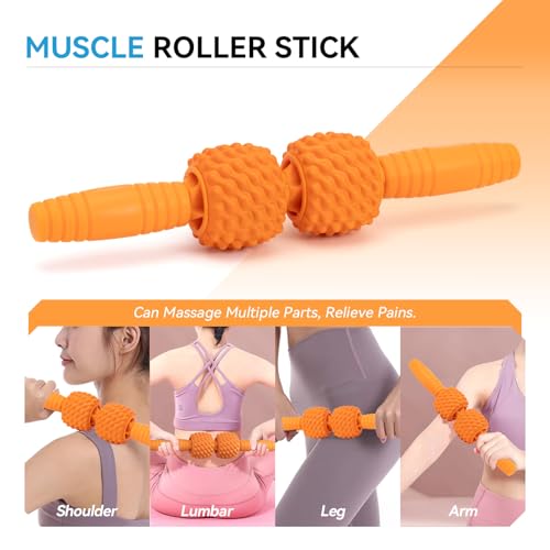5 in 1 Foam Roller Set, High Density Patented Exercise Roller | Deep Tissue Massage Roller Stick, Massage Ball, Resistance Band for Pilates, Yoga, Whole Body Fitness Exercise, Orange - color: Orange
