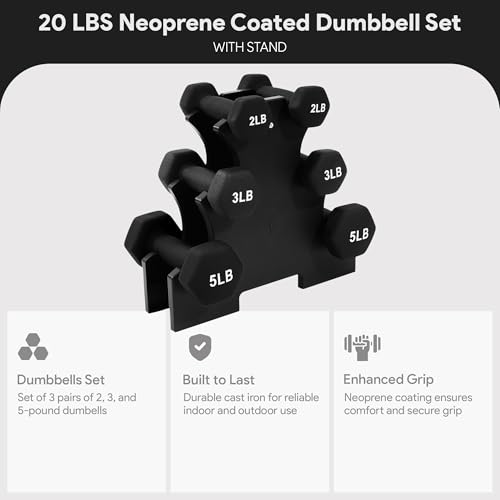 BalanceFrom Neoprene Coated Iron Dumbbell Hex Weights Set with Stand – Color-Coded or Black Options with Non-Slip Grip for Strength Training, Resistance Workouts, and Home Gym Fitness - style: 20LBS Set
