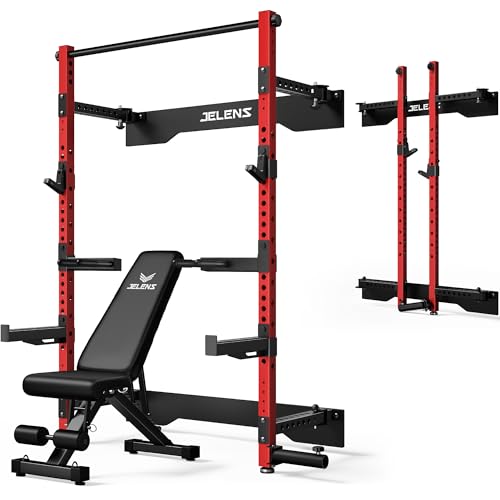JELENS FS01 Folding Squat Rack, Wall Mounted Power Rack for Home Gym, Space Saving Multi-Functional Power Cage with More Attachments - color: Red, size: Weight Bench Package