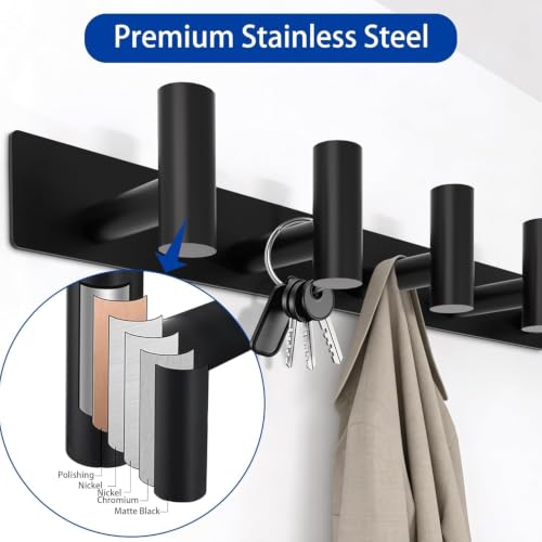 Matte Black Coat Rack Wall Mount - 6 Hooks, Heavy Duty Stainless Steel Wall Hooks for Towels, Coats, Robes, Bags, Hats, Keys, Wall Coat Hanger for Bathroom,Entryway,Kitchen,Hotel,Bedroom,Office, 2Pack - color: Matte Black, size: “T“ Shape 6 Hooks 2 Pack