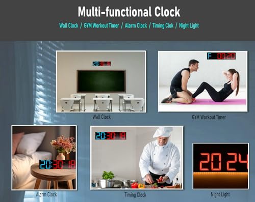 26'' Extra Large Home GYM Timer Clock, Programable Workout Interval Timer, Digital Wall Clock, with 7-color Night Light, 8 Alarm Clocks, Calendar/Temperature, Countdown & Stopwatch (Blue & Red)