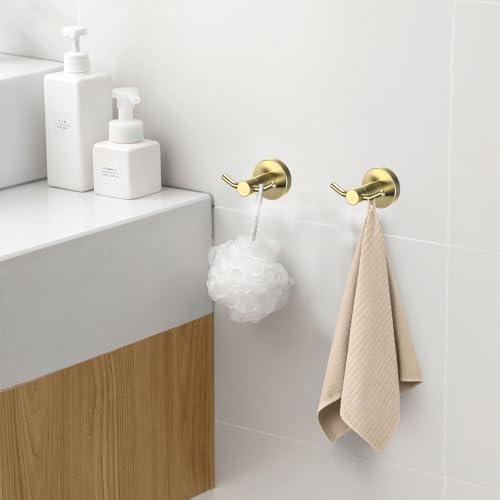 2 Pack Towel Hooks for Bathroom, Screw in Stainless Steel Wall Hooks for Hanging Coat Robe Keys(Brushed Gold) - color: Brushed Gold
