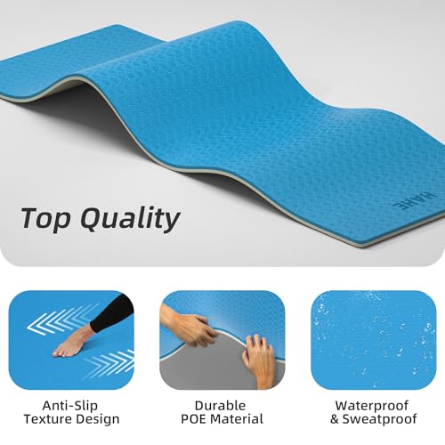 HAHE Wide Yoga Mat 72"x32"x0.4" Thick Pilates Mat with Carrying Strap | Exercise Mats for Home Workout, Wide Non-slip Exercise Mats, Double-Sided POE Fitness Mat for Yoga, Pilates & Travel - color: Blue+Milk Coffee